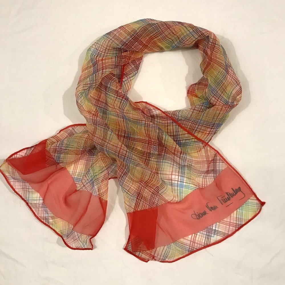 Vintage 70s Diane von Furstenberg Sheer Pastel Scarf Rectangle Red Baar & Beards
